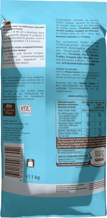 Nährwerte und Zutaten Cailler Cuisine Schokoladenpulver (1000 g)
