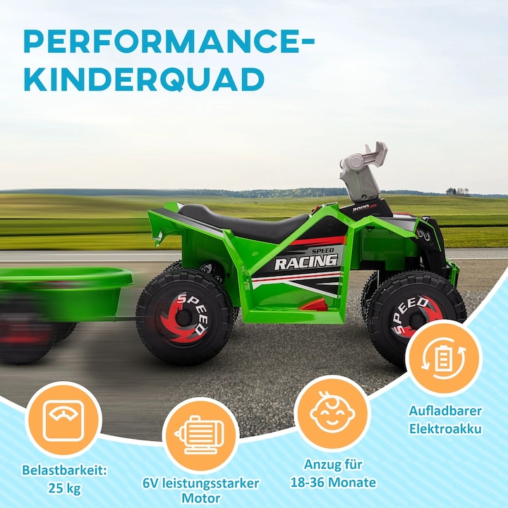 Image du produit Homcom Quad pour enfants, rechargeable, 2,5 km/h, avec remorque, 50 min. de conduite, pour enfants de 1,5 (6 V)