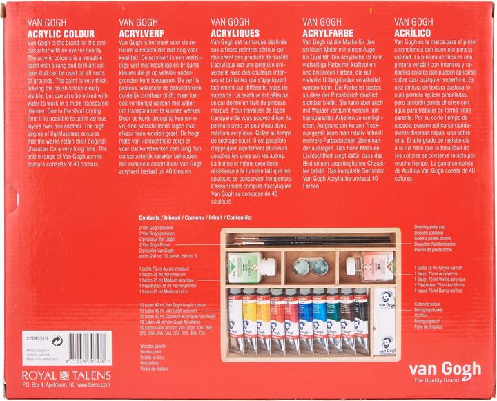 Produktbild Van Gogh Holzkasten Acrylfarben Basic (Blau, Braun, Gelb, Grün, Rosa, Rot, Weiss, Dunkelgelb, Schwarz, Dunkelblau, 175 ml)