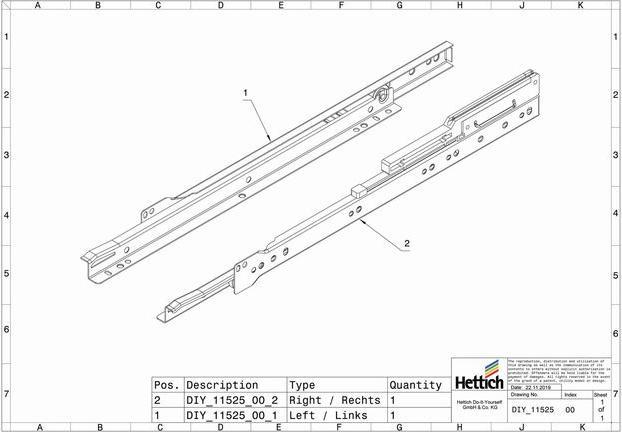 Produktbild Hettich Schubladenschiene Teilauszug Rollschubführung mit integrierter Dämpfung 450 mm weiss 2 Stück