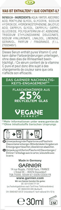 Nutritional values and ingredients Garnier Bright Complete (30 ml)