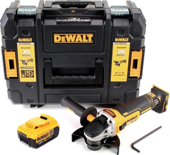 DeWalt DCG 405 - 18 V 125 mm brushless cordless angle grinder, Side handle, Assembly tool, Quick release nut, DeWalt TStak-Box II tool case, without charger, 1x Dewalt DCB 182 18V - 4 Ah / 4000 mAh XR Li-Ion battery