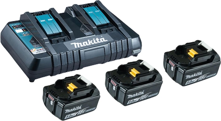1x Makita DC 18 RD Doppel Schnellladegerät 14,4 V - 18 V LXT, 3x Makita BL 1850 B 18 V 5,0 Ah Akku