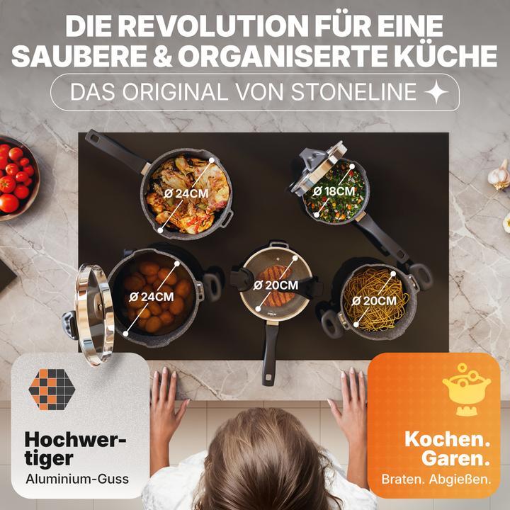 Produktbild Stoneline Future Topfset 8 teilig mit Sieb Deckeln, beschichtete Töpfe, Pfannen Induktion geeignet (Bräter + Schmortopf, Bratpfanne, Kochtopf, Stielkasserolle, Aluminiumguss, 24 x 11.50 cm)