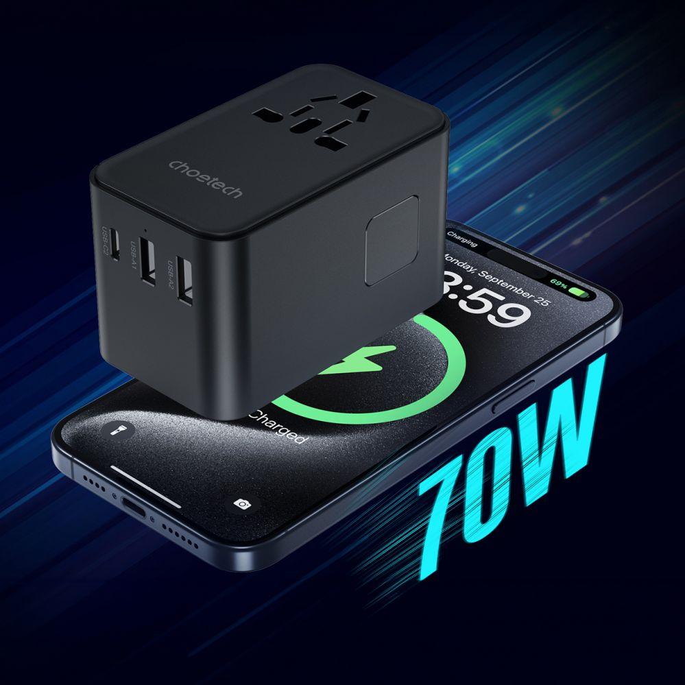 Thumbnail - Choetech, Reiseadapter, PD5022 70W EU/US/AUS/UK Travel Adapter with Built-in USB-C Cable - Black