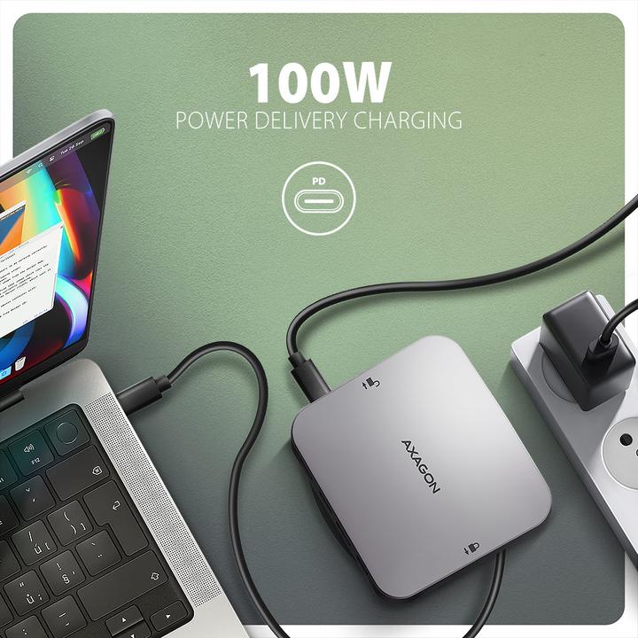 Produktbild Axagon HMC-UFO USB-C Hub, M.2 SATA/NVMe, 1 Gbit/s Ethernet, 384 kHz Audio - schwarz/silber (USB-C, 1 Port)