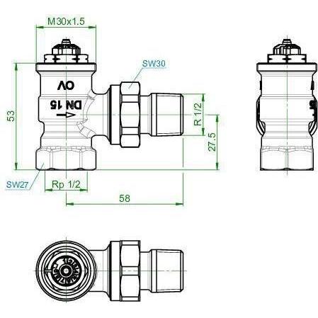 Thumbnail - Oventrop OV Thermostatventil Baureihe AV 9 M 30x1,5, PN 10, Eck DN 15, Zubehör Heizen