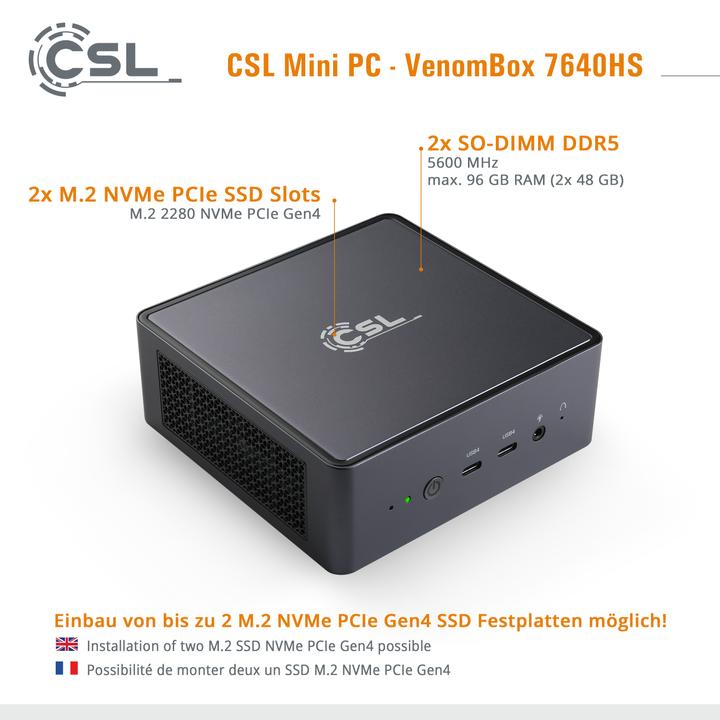 Actual product image CSL Mini-PC VenomBox 7640HS / 96GB / 2000 GB M.2 SSD / Windows 11 Home (AMD Ryzen 5 7640HS, 96 GB, 2000 GB, Radeon 760M)