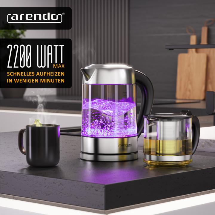 Produktbild Arendo Wasserkocher mit Temperatureinstellung aus Glas & Edelstahl, Teesieb, Teekocher, 1,7 L, 2200 W (1.70 l)