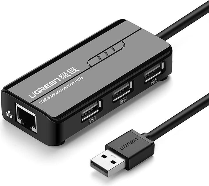 Produktbild Ugreen USB 2.0 Hub RJ45 Ethernet Adapter 3+1 Port USB 2.0-Hub Schwarz (USB-A, 3 Ports)