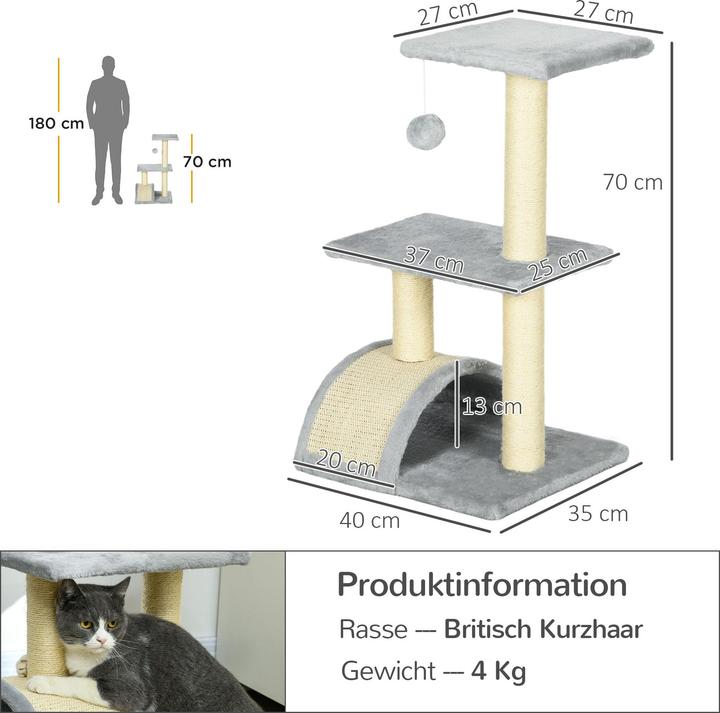 Produktbild PawHut Kratzbaum Spanplatte, Poyester Hellgrau (72 cm, Hellgrau+Cremeweiss)