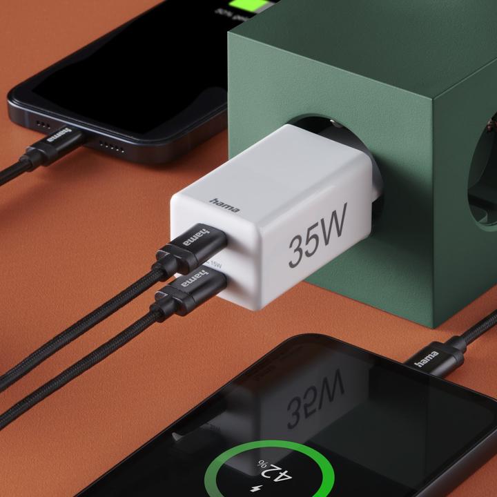 Image du produit Hama Chargeur rapide + câble, 2x USB-C, PD/QC, mini-chargeur, 35W, 1 m, blanc (35 W, 2 ports)