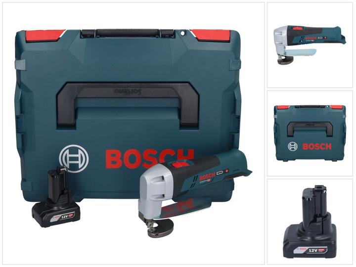 1x Bosch GSC 12V-13 Professional cordless tin snips, 1x Bosch GBA 12 V 6.0 Ah battery (1600A00X7H), 1x L-Boxx 102 case (1600A012FZ), 1x matching insert