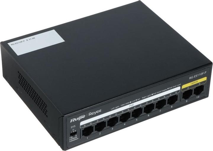 Produktbild Ruijie 10-Port 100Mbps, 8 of the ports support PoE/PoE+ power supply. Max PoE power budget is 110W, Steel C (10 Ports)