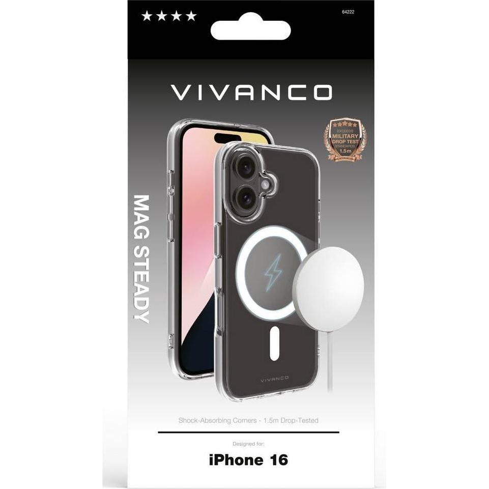 Thumbnail - Vivanco MAG STEADY Cover fuer iPhone 16, transparent, 1.5m Drop-Protection, MagSafe Support (Apple iPhone 16), Smartphon...