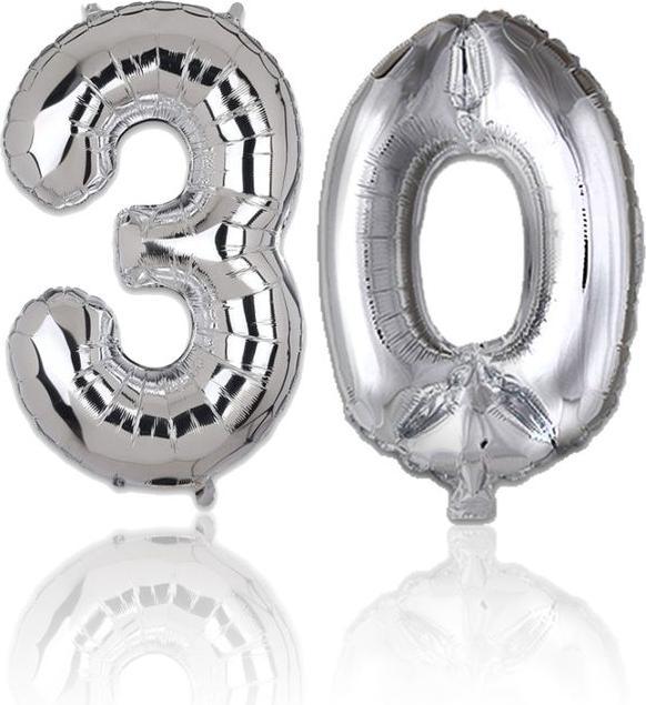 Hermex Zahlenballon Zahl 30 Silbrig Folienballon Luftballon Heliumballon 81cm (1x)