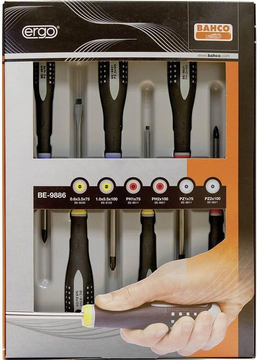 Actual product image Bahco ERGO screwdriver set for slotted, Phillips and Pozidriv screws, straight and flat, with 3- (Phillipps cross recess (PH), Pozidriv cross recess (PZ), Slotted screws)