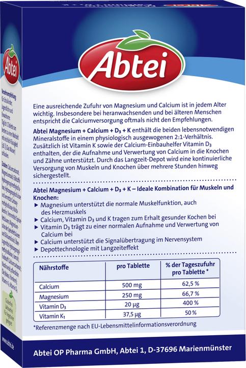 Nutritional values and ingredients Abtei MAGNESIUM CALC. +D+K (42 pcs., Pills)