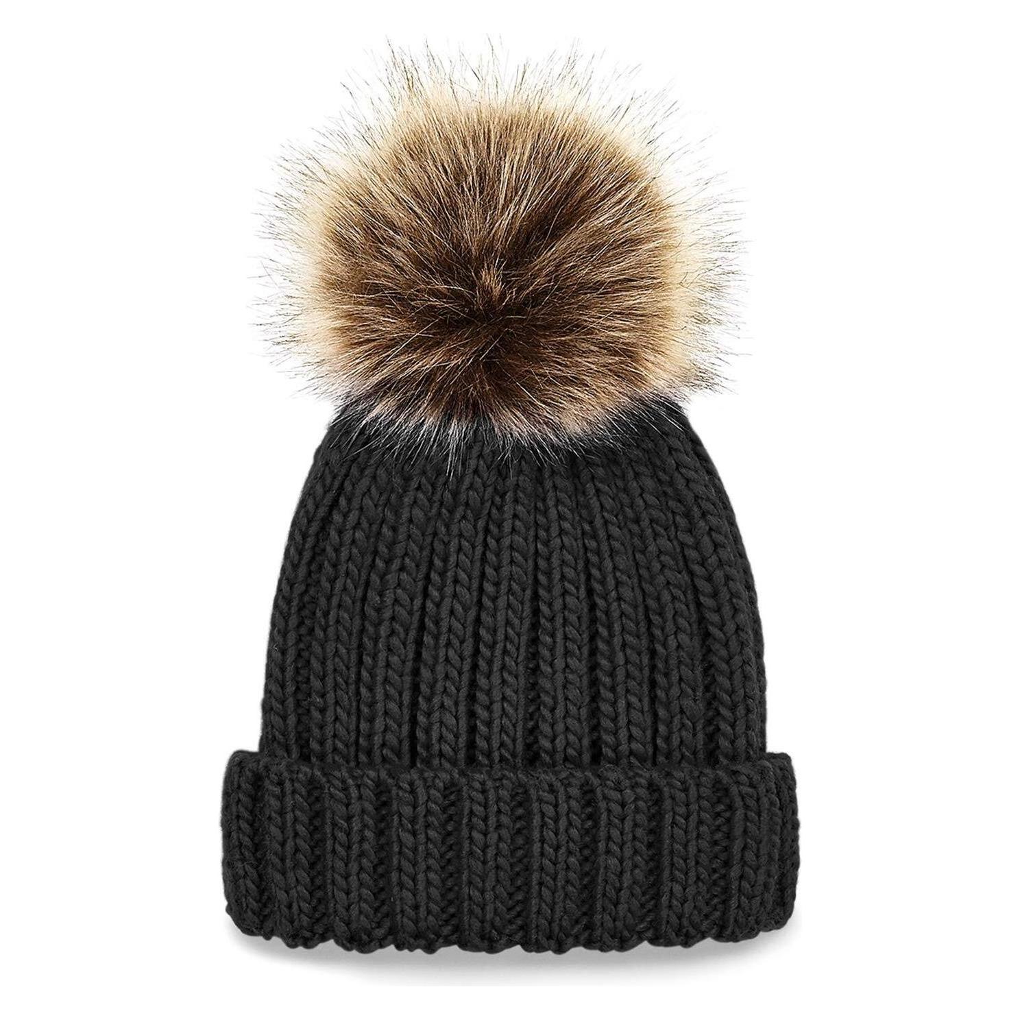 Beechfield, Damen, Mütze, Schal Mit Kunstfell-Pompon Für Frauen, Schwarz