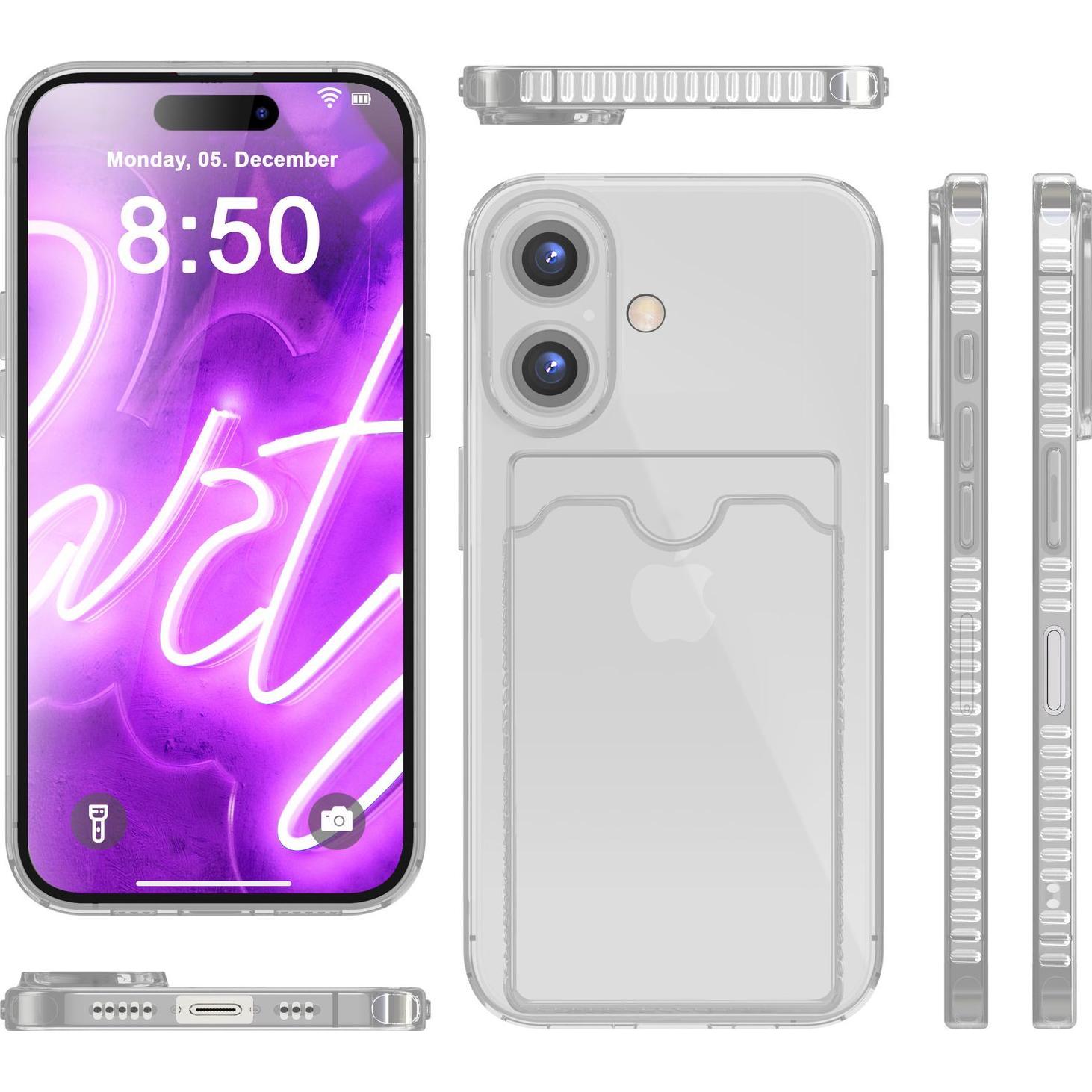 Thumbnail - Nalia Klar Transparente Neon Silikon Hülle Kartenhalter (Apple iPhone 16), Smartphone Hülle, Grau
