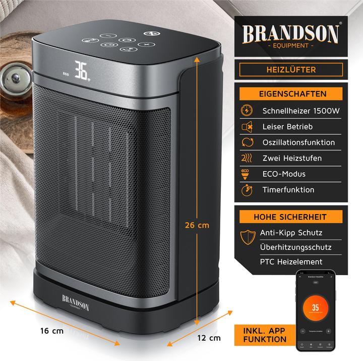 Image du produit Brandson Keramik-Heizlüfter 1500W, WiFi, Timerfunktion, Überhitzungsschutz, inkl. Fernbedienung, schwarz (1500 W)
