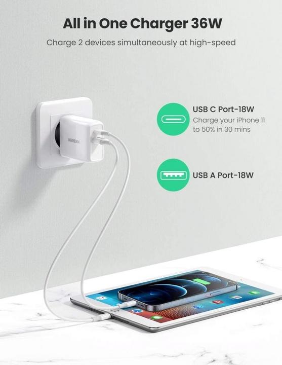 Produktbild Ugreen USB-A + USB-C 36W Ladegerät (36 W)