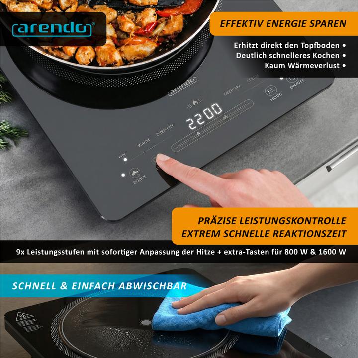 Produktbild Arendo Induktions-Kochfeld Einzelkochplatte, Mobile 2200W Induktionsplatte, Timer, Touch & Kindersicherung