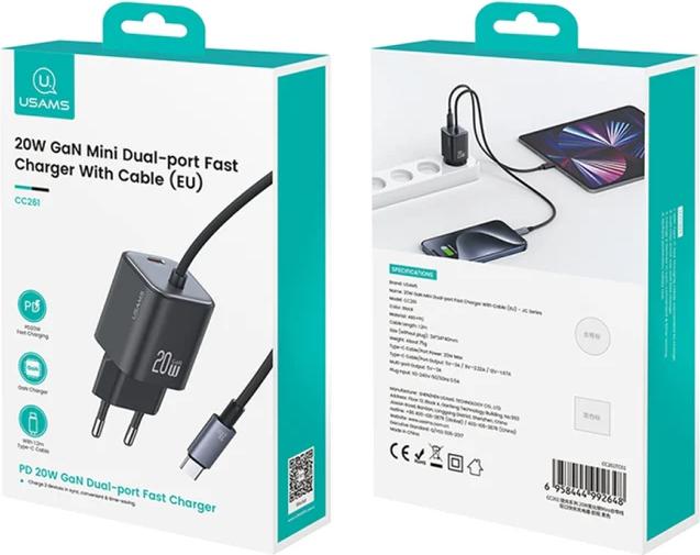 Actual product image Usams Ładowarka sieciowa JC Series CC261 20W GaN Mini Fast Charger 2xUSB-C biały (20 W, 2 ports)