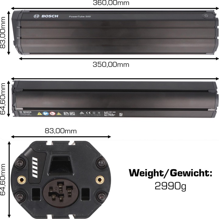 Actual product image Bosch eBike PowerTube 500 BBP280 / horizontal (500 Wh, E-Bike battery)