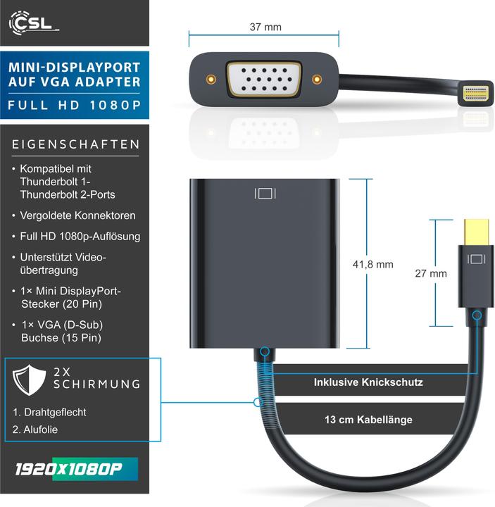 Produktbild CSL Mini DisplayPort zu VGA Video-Adapter, Full HD MiniDP Stecker zu VGA Buchse Adapter Kabel (VGA, 10 cm)