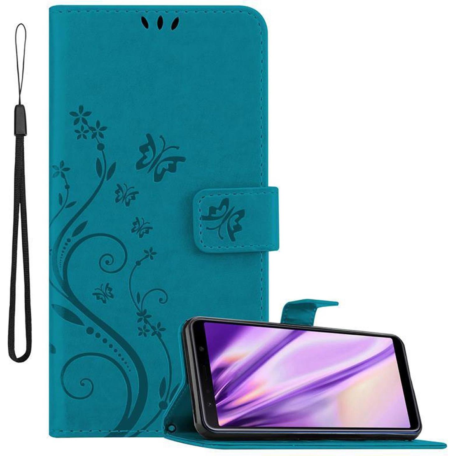 Cadorabo Flower Book Cover (Samsung Galaxy A7 (2018)), Smartphone Hülle, Blau