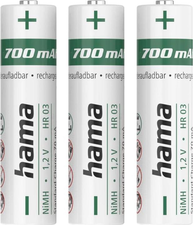Image du produit Hama Piles NiMH, AAA Micro, 700 mAh, 1,2V, 3 pièces (3 pcs, AAA, 700 mAh)