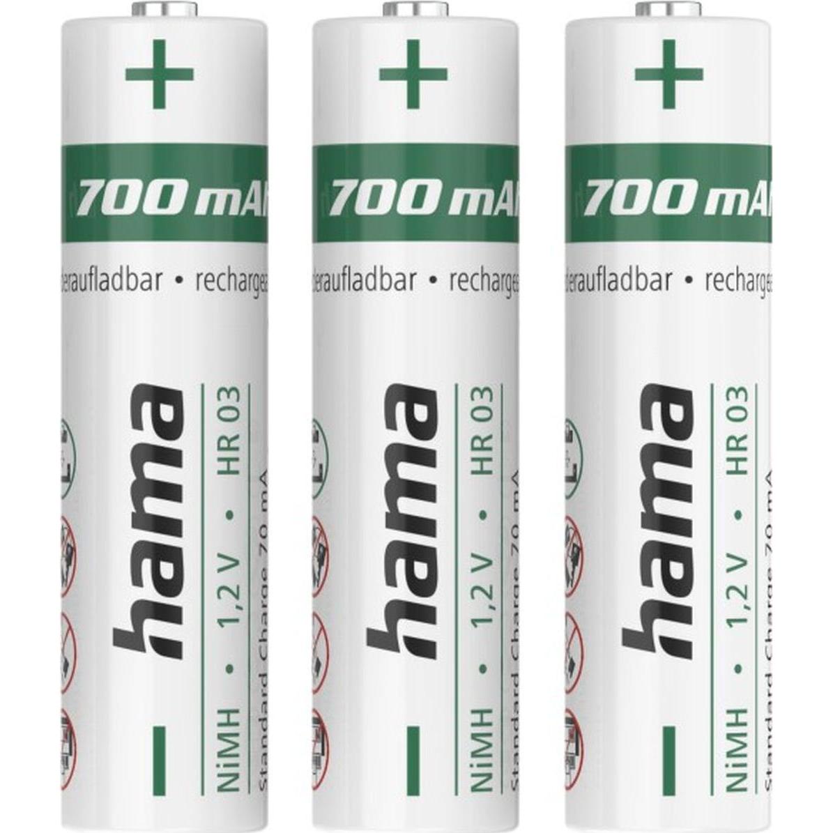 Hama Batterie ricaricabili NiMH, AAA Micro, 700 mAh, 1,2V, 3 pezzi (3 pz., AAA, 700 mAh), Batterie + pile