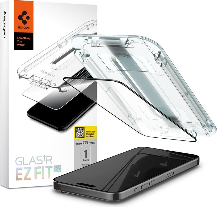 Spigen VETRO TEMPERATO GLAS.TR "EZ FIT" FC IPHONE 15 PRO MAX NERO (1 Pezzo/i, Apple iPhone 15 Pro Max)