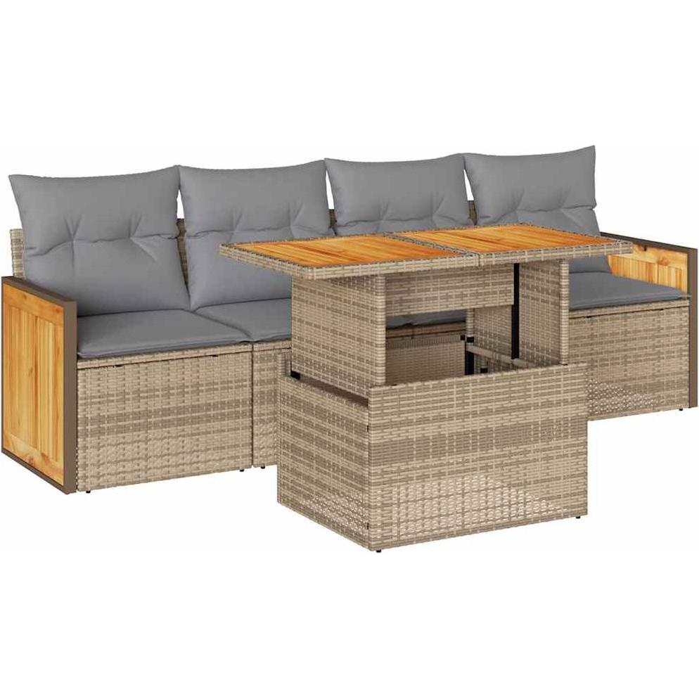 Thumbnail - VidaXL, Gartenlounge, 5-tlg. Garten-Sofagarnitur mit Kissen Beige Poly Rattan Akazie