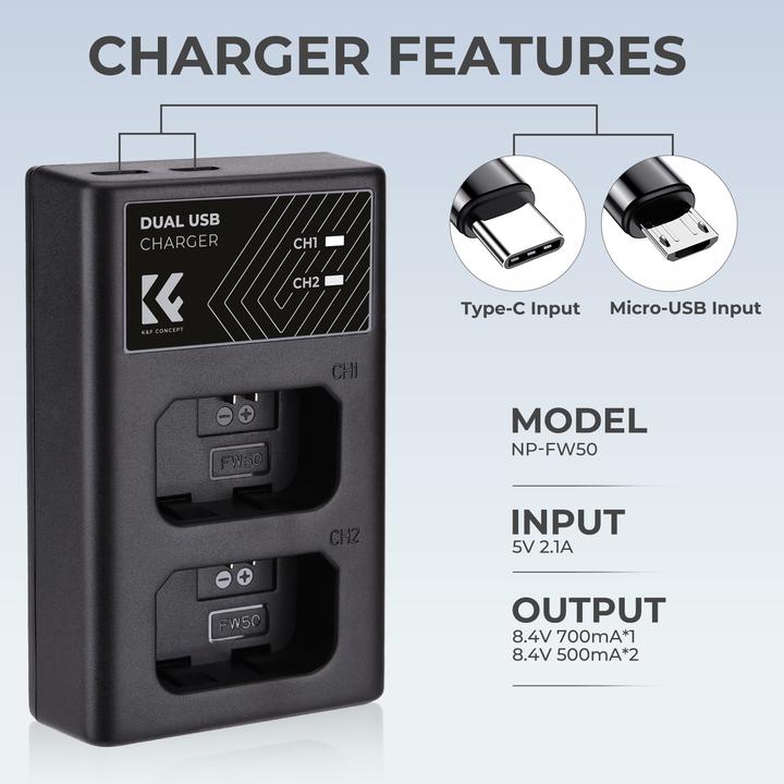 Produktbild K&F Concept FW50 Digital Camera LED Dual Channel Charger with Type C Charging Cable (Kamera Akku Ladegerät)