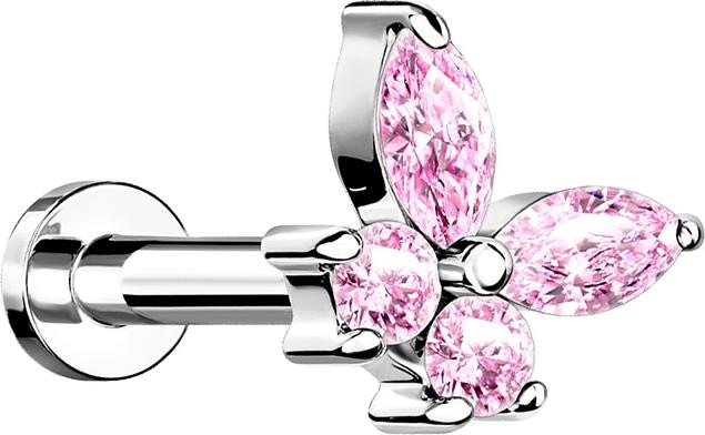 Produktbild Star Piercing Micro Labret Innengewinde silber Schmetterling mit Kristallen pink (Chirurgenstahl 316L, Messing)
