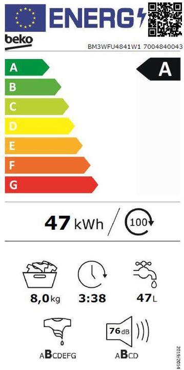 Energie-Label Beko BM 3 WFU 4841 W1 Waschautomat A 8kg 1400U Inverter Motor (8 kg)