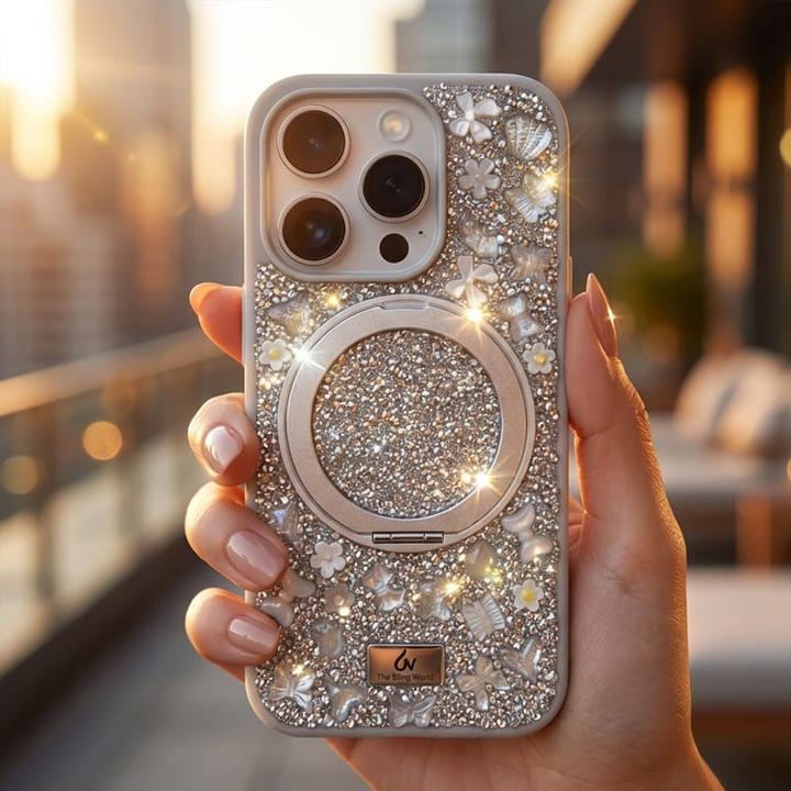 Image du produit Bling World iPhone 14 Pro Max - TheBlingWorld Glitter MagSafe Case mit Ring-Ständer & Strass-Steinen, Silber (Apple iPhone 14 Pro Max)
