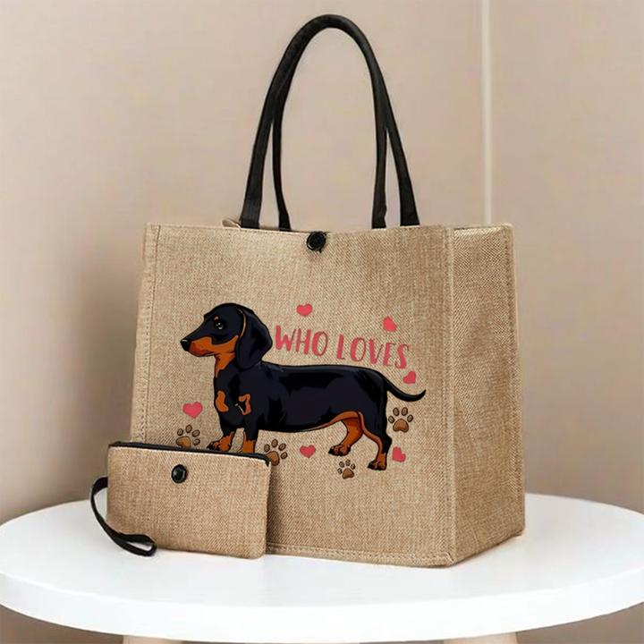 Actual product image Only-Bags.Store 2 Stück Hundedruck Canvas Tote Bags - Leichte Reise- und Strandtaschen mit Schnallenverschluss
