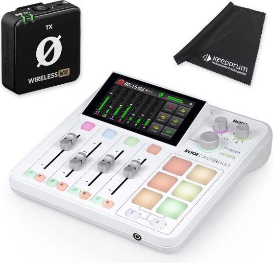 RØDE Rodecaster Duo Audio Production Studio Weiss mit WIME TX und Tuch