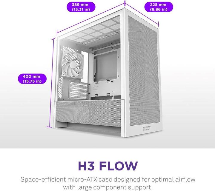 Produktbild NZXT H3 Flow (2025) All White Midi Tower ATX Gaming Gehäuse weiss mit Glasfenster (mATX, Mini-ITX)