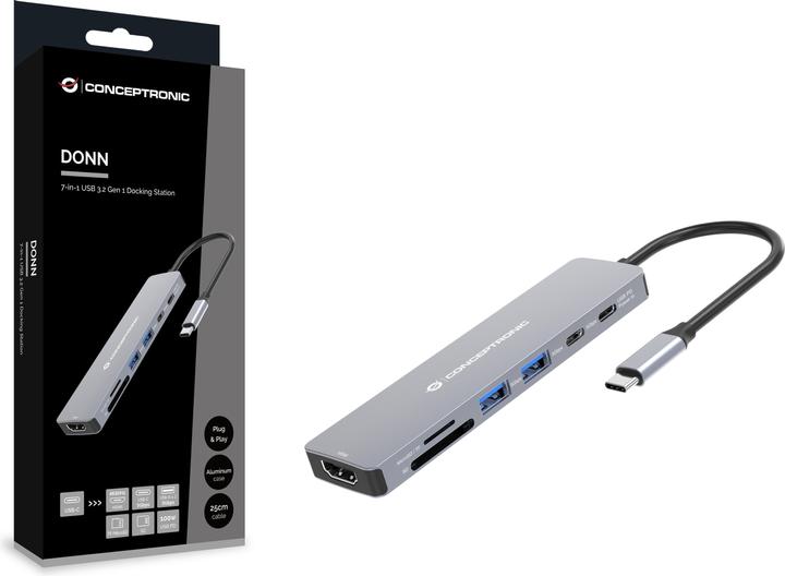 Actual product image Conceptronic 7-1 Dock USB-C->HDMI/USB-C/2xUSB-A/+ 25cm gr (USB-C, 7 ports)