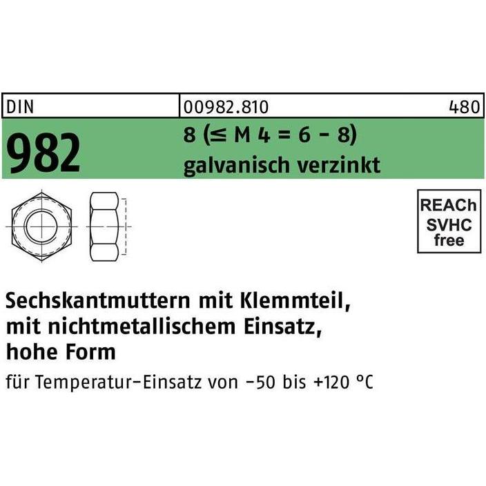 Reyher, Muttern + Unterlegscheiben, Sechskantmutter DIN 982 m.Klemmteil M 27 8 (= M 4 = 6-8) galvanisch verzinkt (M27)
