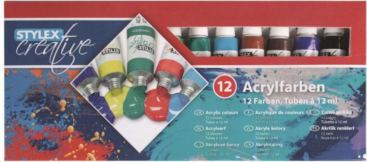 Productafbeelding Stylex Acrylverf, 12st. (Wit, Oranje, Geel, Groen, Blauw, Zwart, Rood, Bruin, 12 ml)