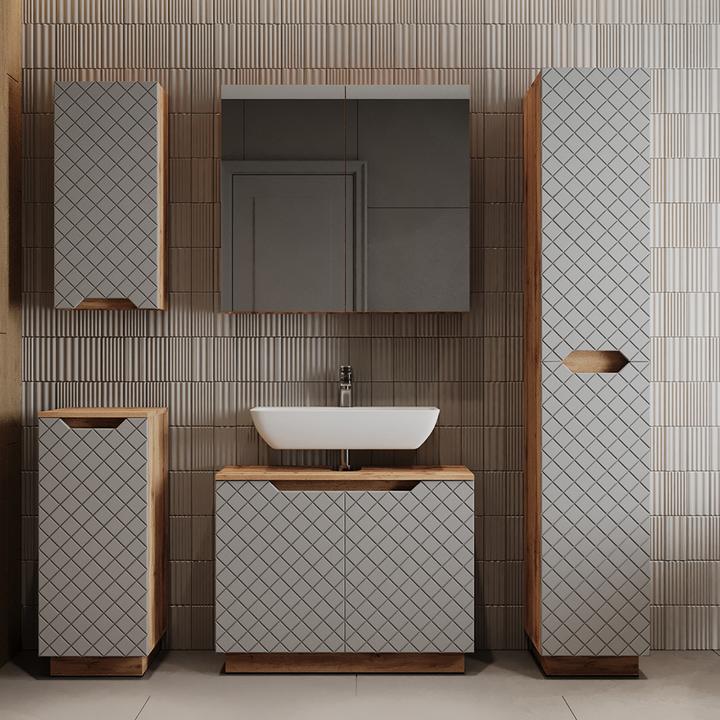 Actual product image Vicco Waschbeckenunterschrank Lotta, Eiche/Grau mit Kachelstruktur, 79.6 x 62.1 cm mit 2 Türen (79.60 x 32 x 62.10 cm)