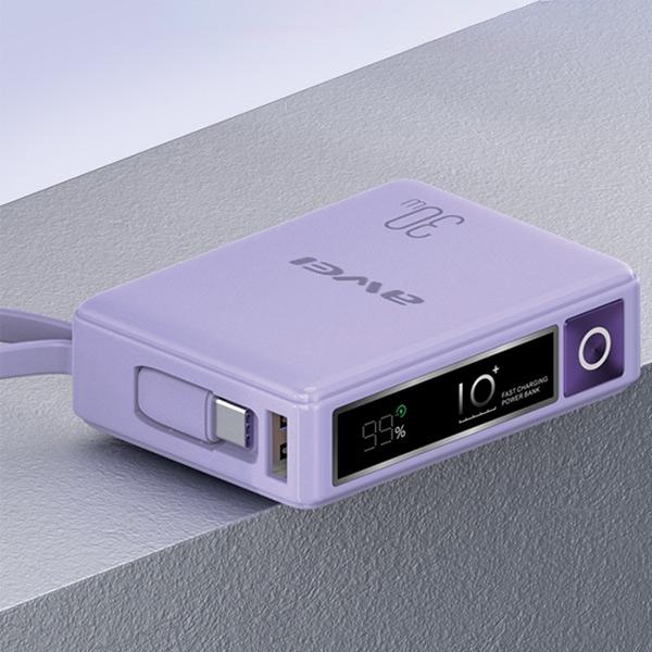 Actual product image Awei PowerBank z wbudowanym kablem P87K 10000mAh czarny/black 30W (10000 mAh, 30 W)