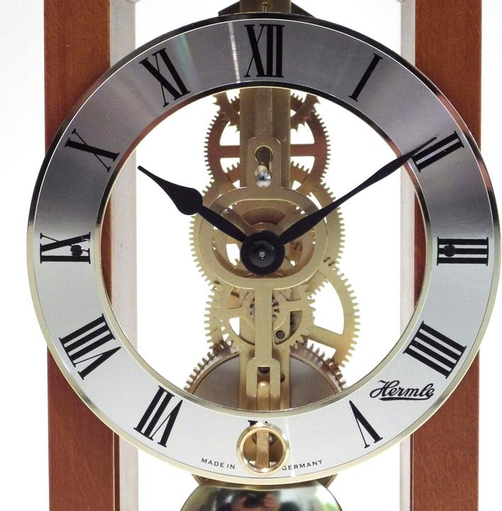 Actual product image Hermle Modern Skeleton Table Clock with Gold Pendel and Roman Numerals