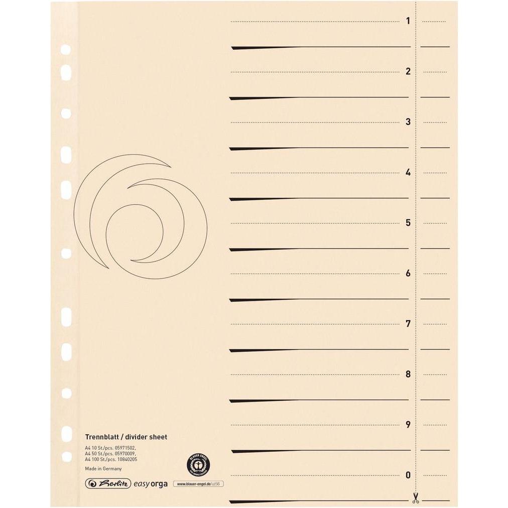 15x Herlitz, Ordner Zubehör, Trennblätter, A4 Überbreite, Manilakarton, chamois schwarzer Organisationsdruck, 6-fach Loc...