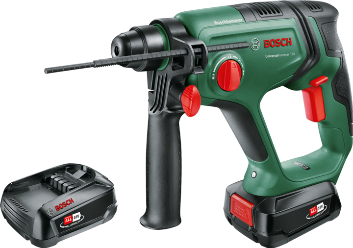 AL 18V-20 charger, Carrying cases, Depth stop, 2 battery packs PBA 18V 2.5 Ah W-B, Cordless rotary hammer 06039D6003